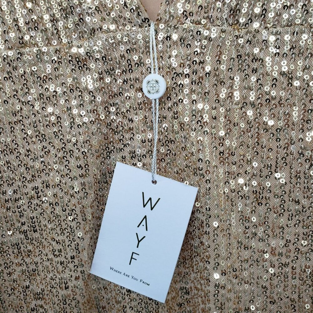 NWT WAYF Gold Sequin Open Back Long Sleeve Mini Dress Rhinestone Strap S - Picture 10 of 15